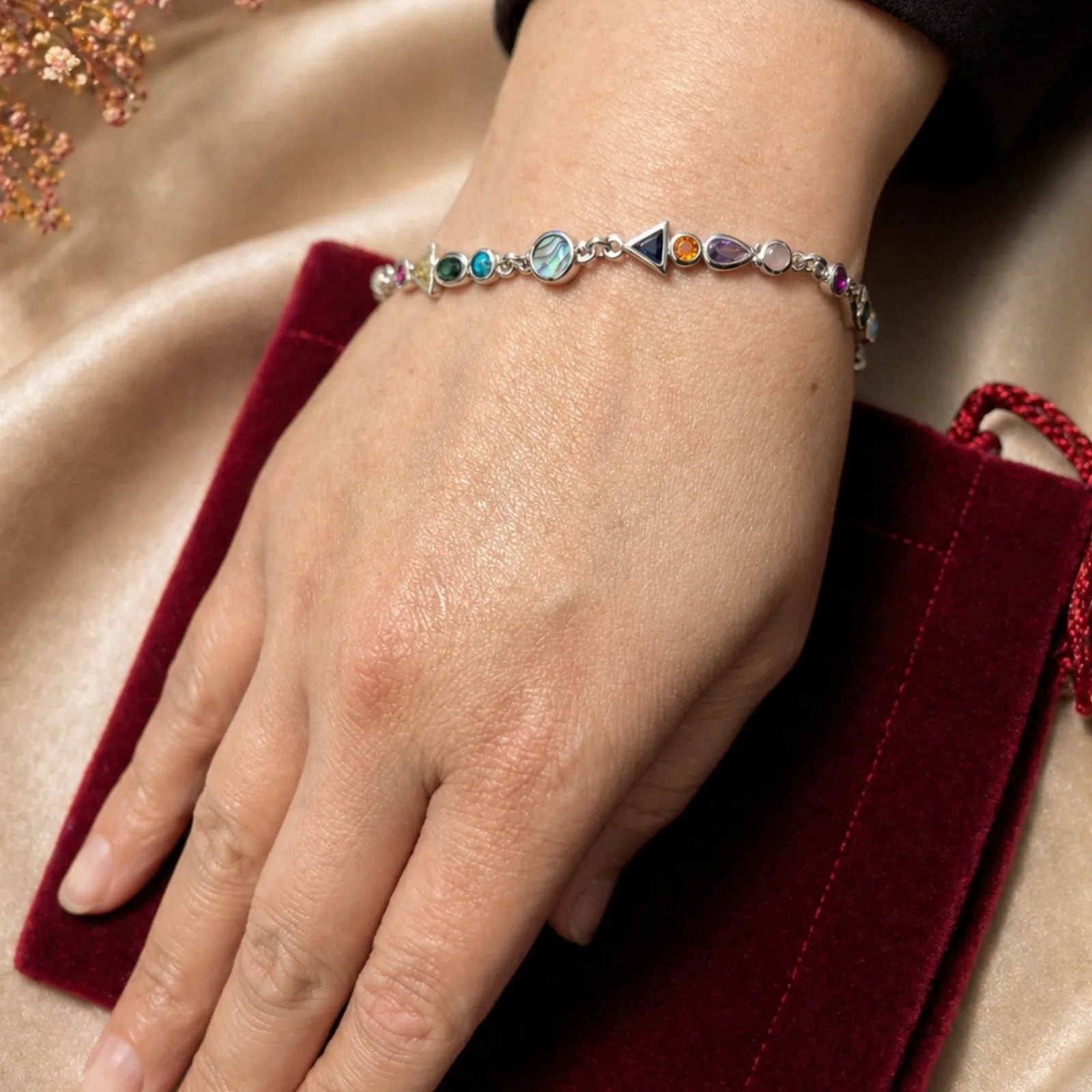 Geometric Multi-Stone Charm Silver Bracelet