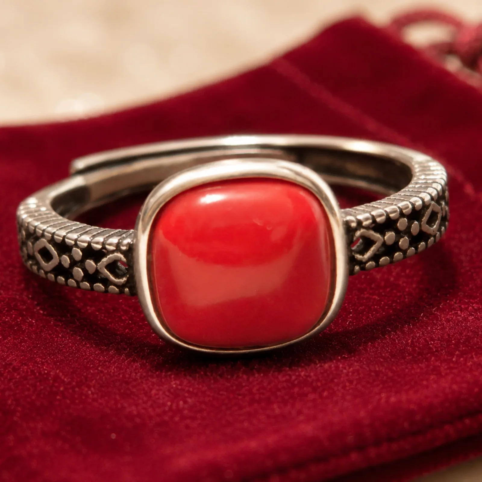 Red Coral Silver Ring