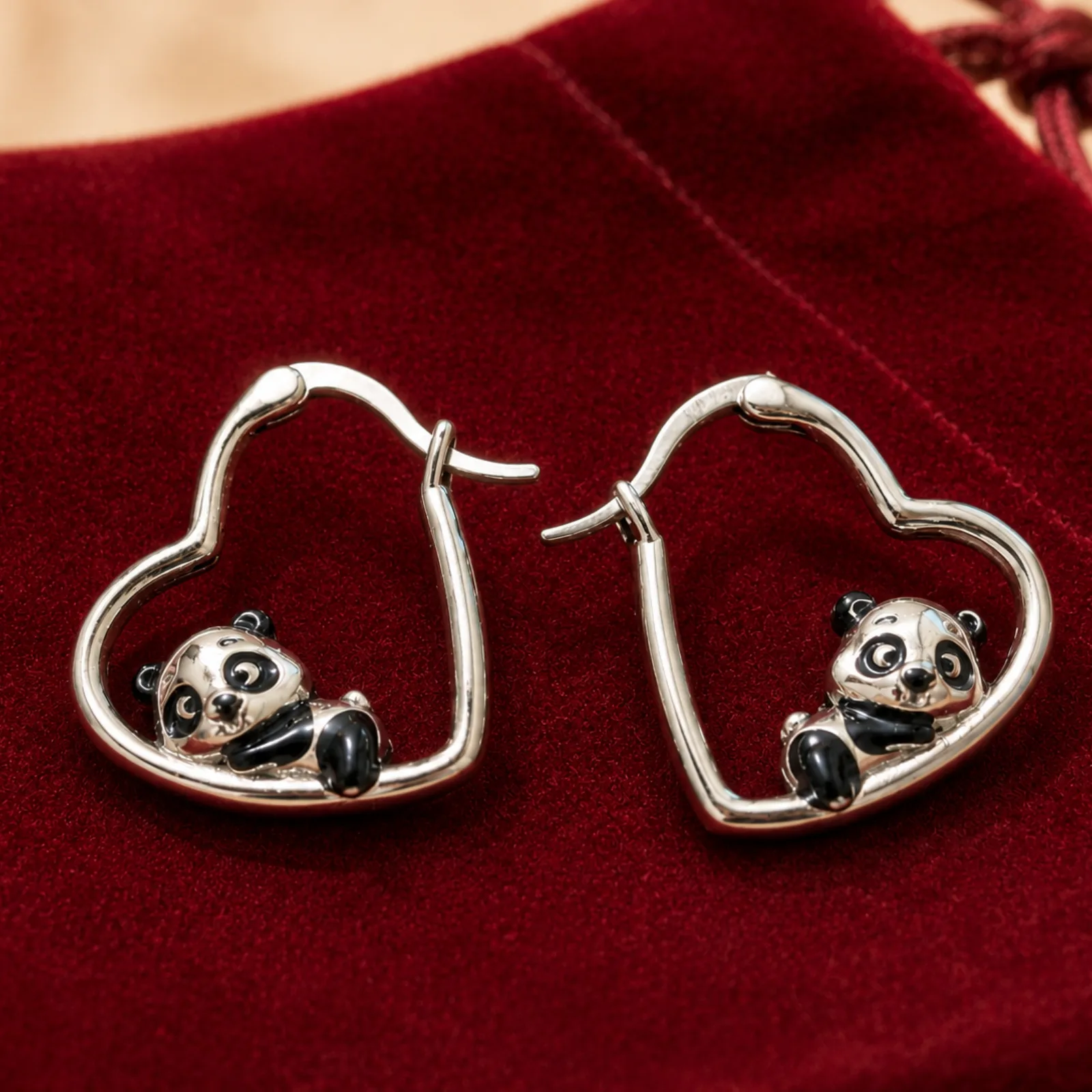 Panda Heart Hoop Earrings