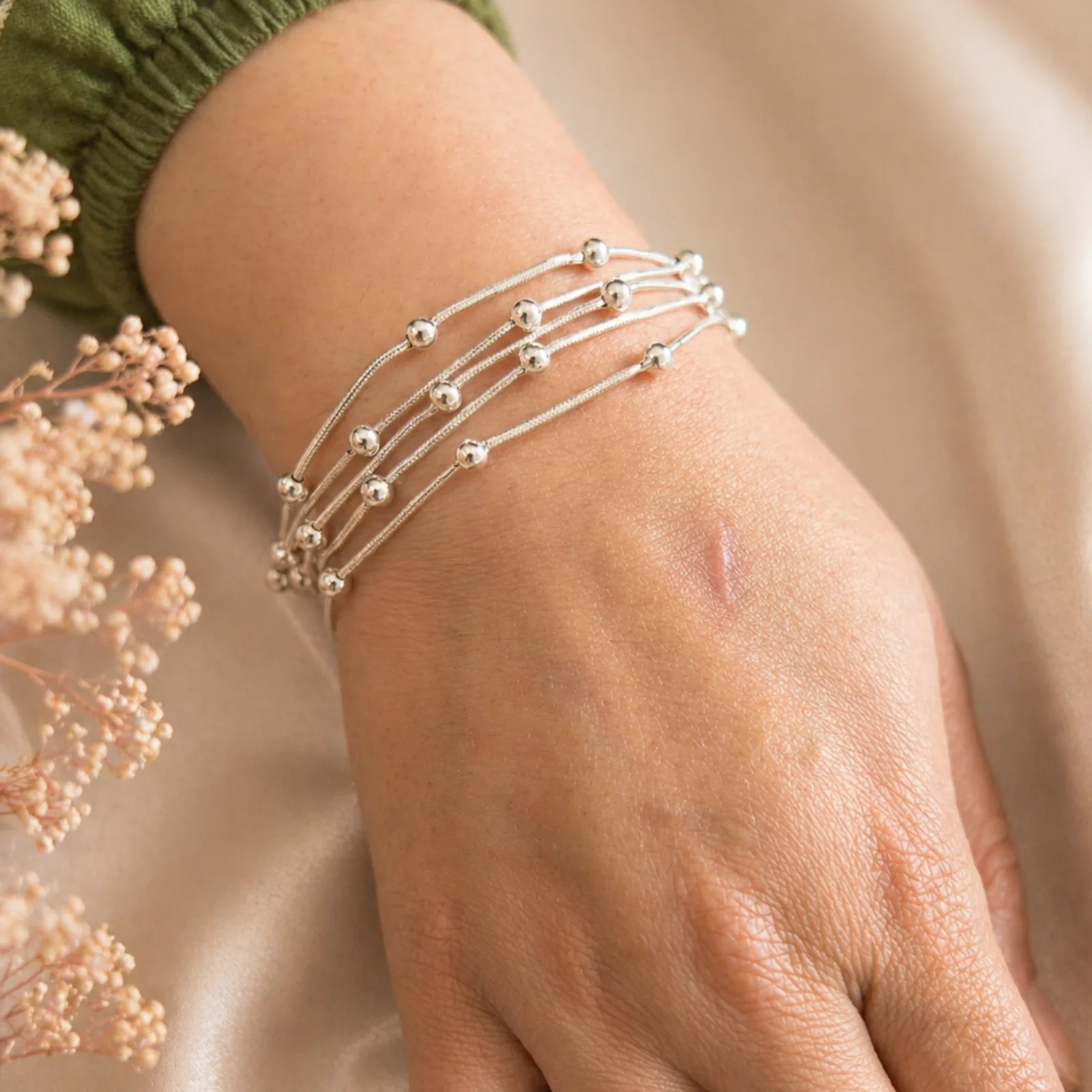 Multi-Strand Sterling Silver Beaded Bracelet