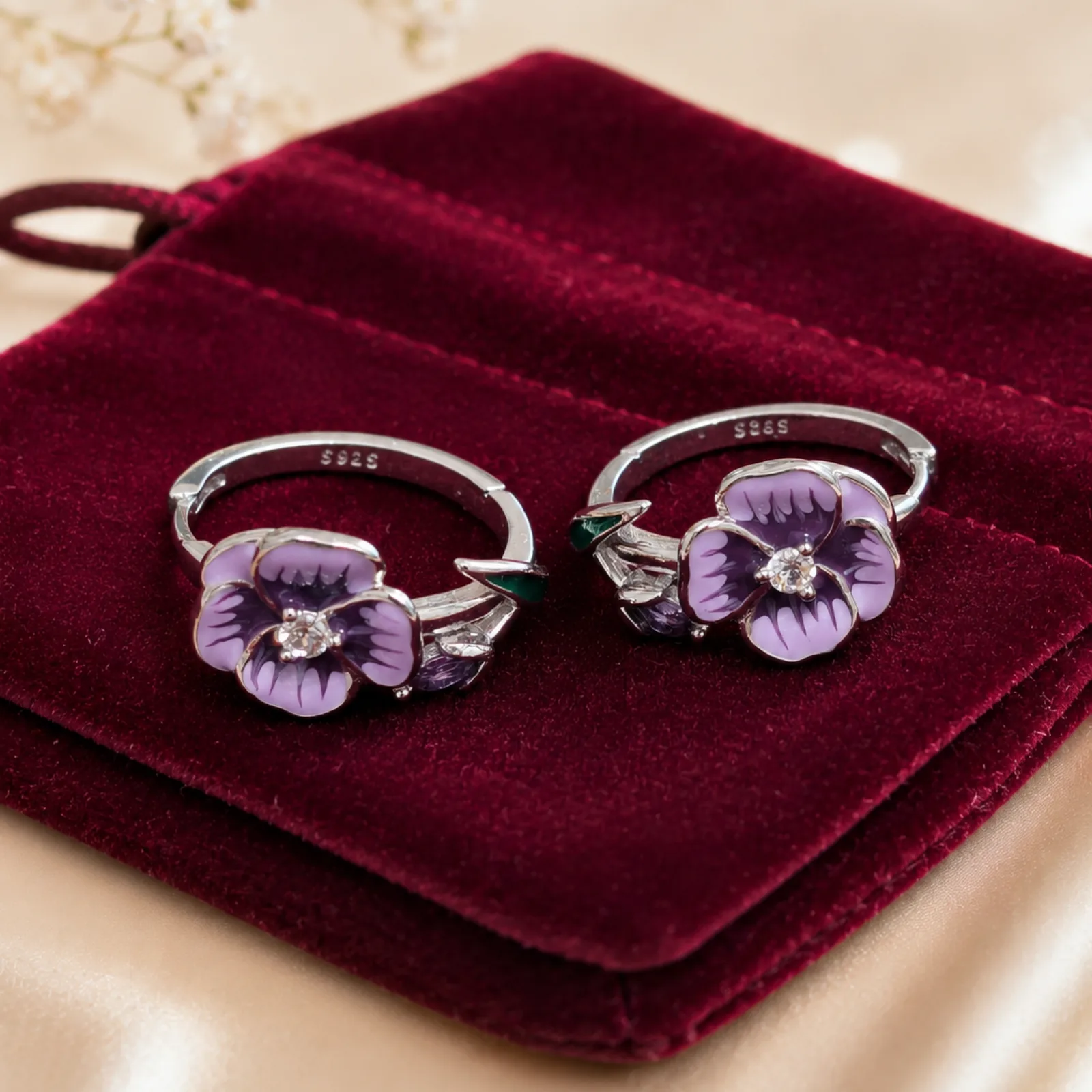 Silver Pansy Flower Hoop Earrings